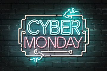 Obraz premium Neon sign on brick wall announces Cyber Monday sale, vibrant pink and teal tubes forming letters, a modern design suitable for online advertisement