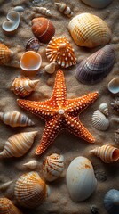 Sea glass and shells on sand high resolution hd image