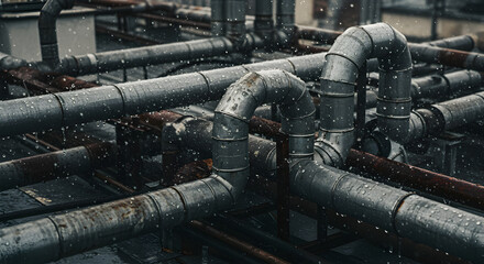 Industrial Landscape Featuring Interconnected Piping Systems Under Rainy Weather