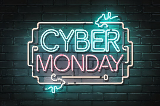 Neon sign on brick wall announces Cyber Monday sale, vibrant pink and teal tubes forming letters, a modern design suitable for online advertisement