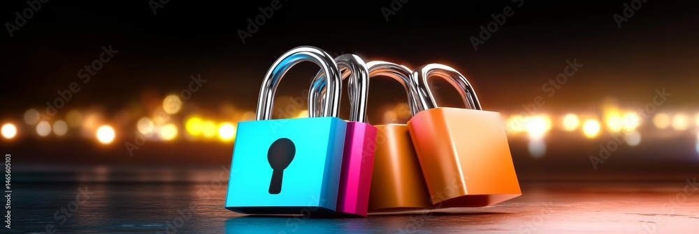 Poster secure your data with strong locks - three colorful padlocks symbolize data security and protection 