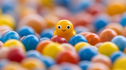 Smiling Yellow Figure Amongst Colorful Spheres