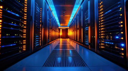Modern server room, illuminated by vibrant lighting