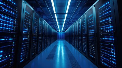Obraz premium Modern server room, illuminated by blue light, showcasing rows of computer racks