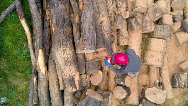 Lumberjack with a chainsaw cutting trees in the forest. Preparing firewood for winter. Top down view. Aerial view from drone
