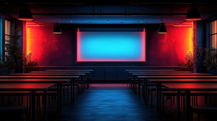 Dark, vibrant indoor space with neon lighting, rows of tables and chairs, blank screen
