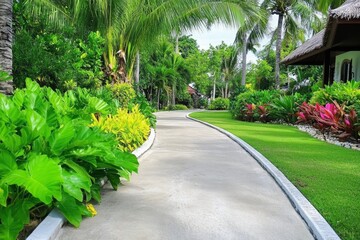 Serene Garden Path: Tranquil Escape - A peaceful stroll through a lush tropical garden, symbolizing serenity, tranquility, nature's beauty, rejuvenation, and escape