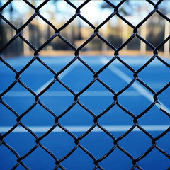 Fototapeta premium A closeup view of a black chainlink fence in the foreground with a blue outdoor sports court in the background The court features crisp white lines forming a circular pattern adding