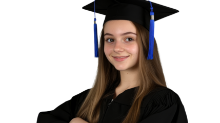 Teenage girl in graduation cap and gown, smiling, cut out transparent