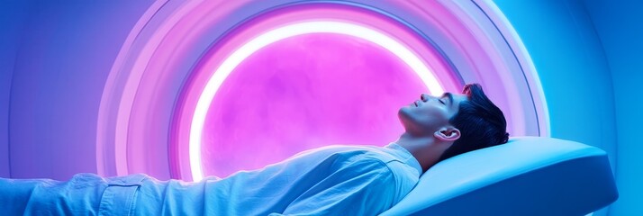 Serenity Now: Futuristic Spa Relaxation - Tranquil escape, rejuvenation, futuristic wellness, sensory bliss, peaceful meditation. A man relaxes in a futuristic spa pod