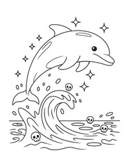Spooky Dolphin in Haunted Ocean – Creepy Sea Scene Line Art


