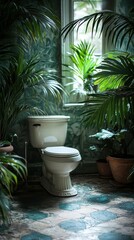Fototapeta premium Botanical bathroom, toilet and plants filled the room