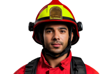 Portrait of fireman in protective gear, uniform, cut out transparent