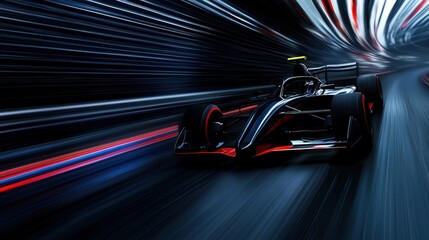 A black race car is speeding down a track