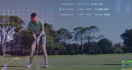 Mature adult woman swinging golf club on fairway, showing sports analytics chart with arrows - Powered by Adobe