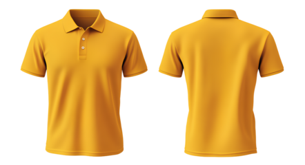 Yellow polo shirt template, front and back view, isolated on a transparent background. Cutout PNG file, ultra-realistic photography