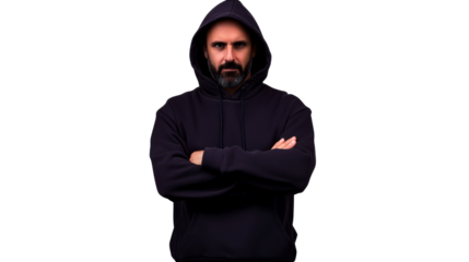 Man in hoodie with arms crossed looking at camera, cut out transparent