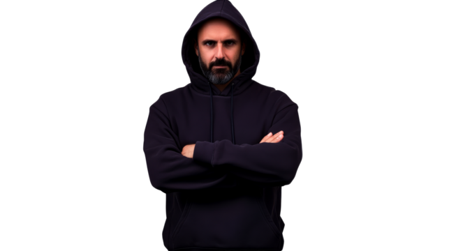 Man in hoodie with arms crossed looking at camera, cut out transparent - Powered by Adobe