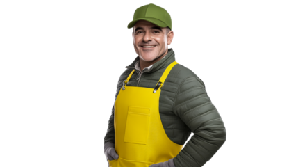 Smiling worker in green jacket and yellow apron, cut out transparent