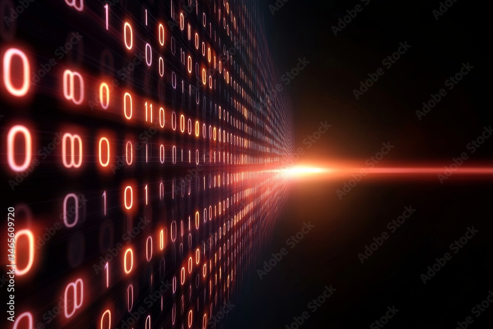Poster stream of data - abstract of binary code receding into a glowing orange horizon. represents data flo