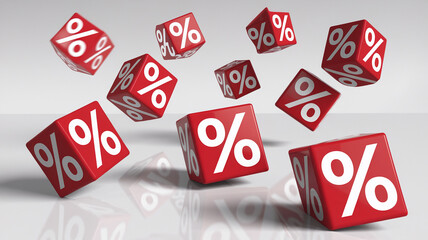 Red cubes with white percentage symbols falling, showcasing discount, sale, or promotion concept