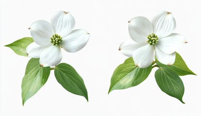 Fototapeta premium Two exquisite white flowers with lush green leaves