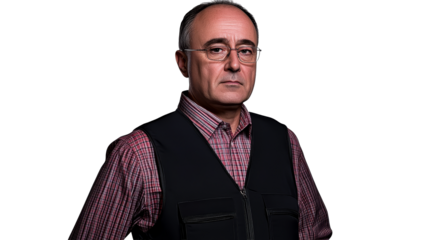 Pensive mature man in vest and glasses portrait, cut out transparent