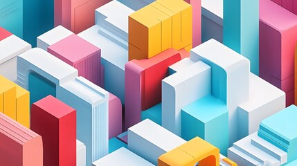 Obraz premium Abstract Cityscape: A vibrant, abstract depiction of a cityscape, where geometric shapes of various hues interlock to create an engaging architectural form.