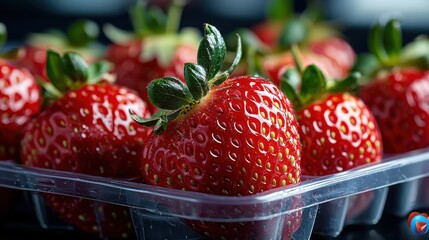 A tray of strawberries with a green leaf on top