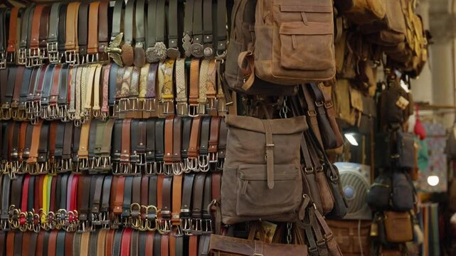 Italian leather belts bags and purses on sale open street market stand outdoors. Genuine leather craftsmanship and goods in Firenze in Italy. Tourist attraction shopping accessories from local artists