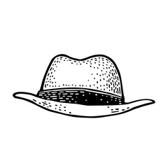 Man hat with ribbon. Vector black vintage engraving illustration. Isolated on a white background. Hand drawn design element for poster