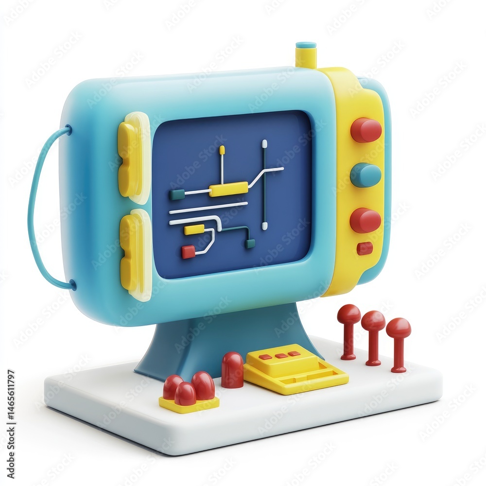 Poster retro-styled computer with colorful controls and display.