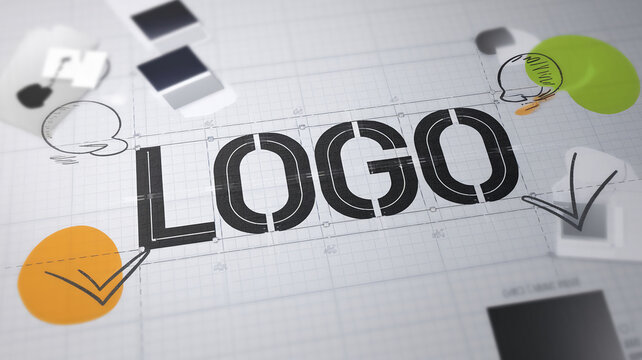 Black "LOGO" word design on grid paper, surrounded by sketches and color shapes, showcasing a branding or logo design process