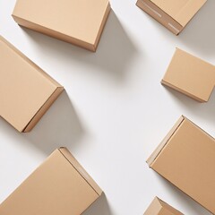 Cardboard shipping boxes scattered on a white background, flat lay composition symbolizing delivery, packaging, and logistics
