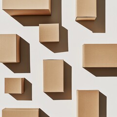 Cardboard shipping boxes scattered on a white background, flat lay composition symbolizing delivery, packaging, and logistics
