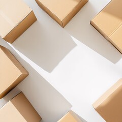 Cardboard shipping boxes scattered on a white background, flat lay composition symbolizing delivery, packaging, and logistics
