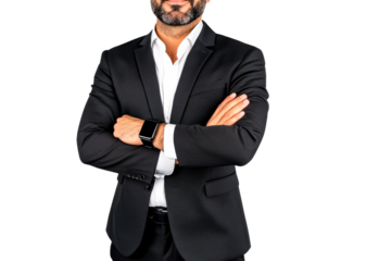 Torso of businessman in suit with crossed arms, cut out transparent