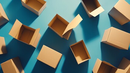 Multiple cardboard boxes on a blue background, concept of shipping and logistics
