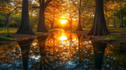 Golden sunset through a tranquil forest. Sunlight reflecting on a still water, casting warm hues through the trees