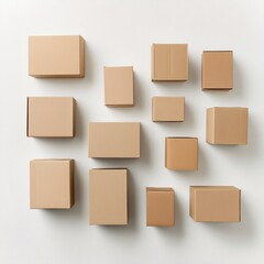 Cardboard shipping boxes scattered on a white background, flat lay composition symbolizing delivery, packaging, and logistics
