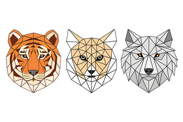 Fototapeta premium Low poly triangular tiger, lynx and wolf heads on white background, vector illustration isolated. Polygonal style trendy modern logo design. Suitable for printing on a t-shir AI Generated