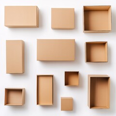 Cardboard shipping boxes scattered on a white background, flat lay composition symbolizing delivery, packaging, and logistics
