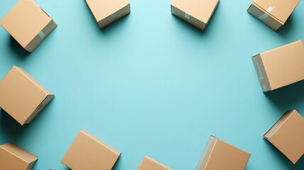 Multiple cardboard boxes on a blue background, concept of shipping and logistics

