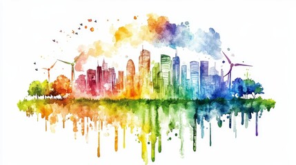 Obraz premium Vibrant Cityscape with Renewable Energy - Watercolor painting of a colorful city skyline with wind turbines, reflecting in water, symbolizing sustainable urban living