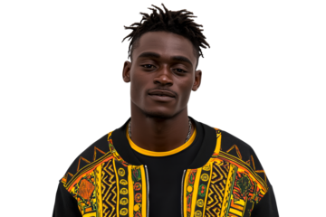 African male portrait, patterned jacket, confident expression, cut out transparent