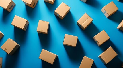 Multiple cardboard boxes on a blue background, concept of shipping and logistics
