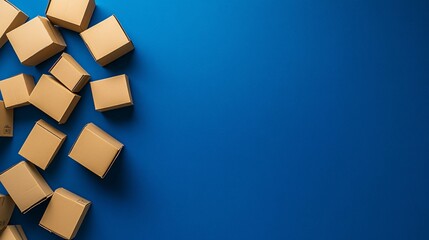 Multiple cardboard boxes on a blue background, concept of shipping and logistics

