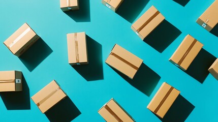Multiple cardboard boxes on a blue background, concept of shipping and logistics
