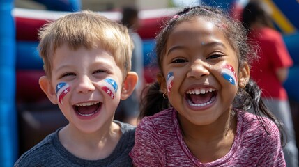 Two joyful children celebrating with patriotic face paint, embodying the spirit of unity and joy on Memorial Day.