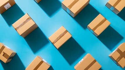 Multiple cardboard boxes on a blue background, concept of shipping and logistics
